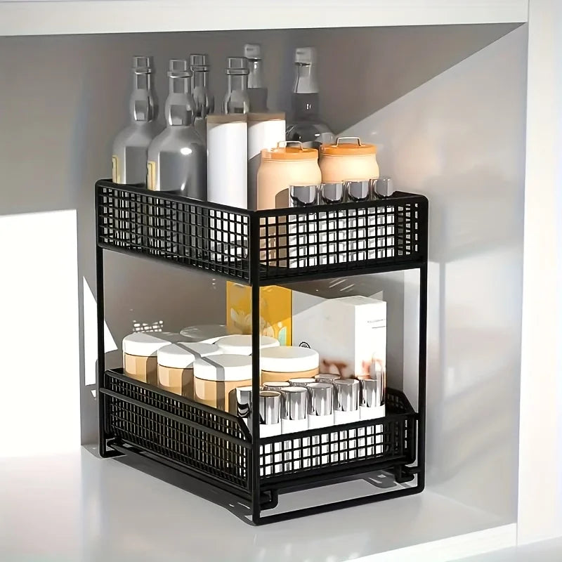 Large Undersink Rack - Metal Kitchen Organizer with Shelves for Bowls, Dishes, Condiments. Save Cabinet Space!