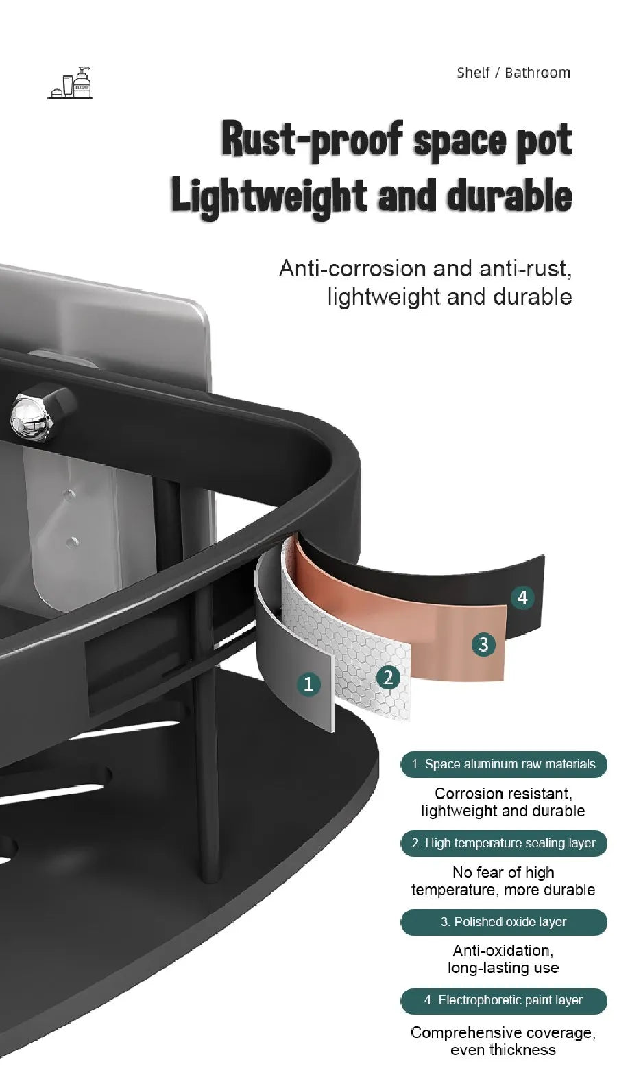 1-3PCS Bathroom Corner Shelf Nail-Free Shower Organizer Wall Mounted Space Aluminum Shelf Bathroom Accessories