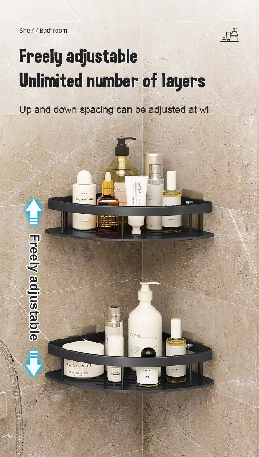 1-3PCS Bathroom Corner Shelf Nail-Free Shower Organizer Wall Mounted Space Aluminum Shelf Bathroom Accessories