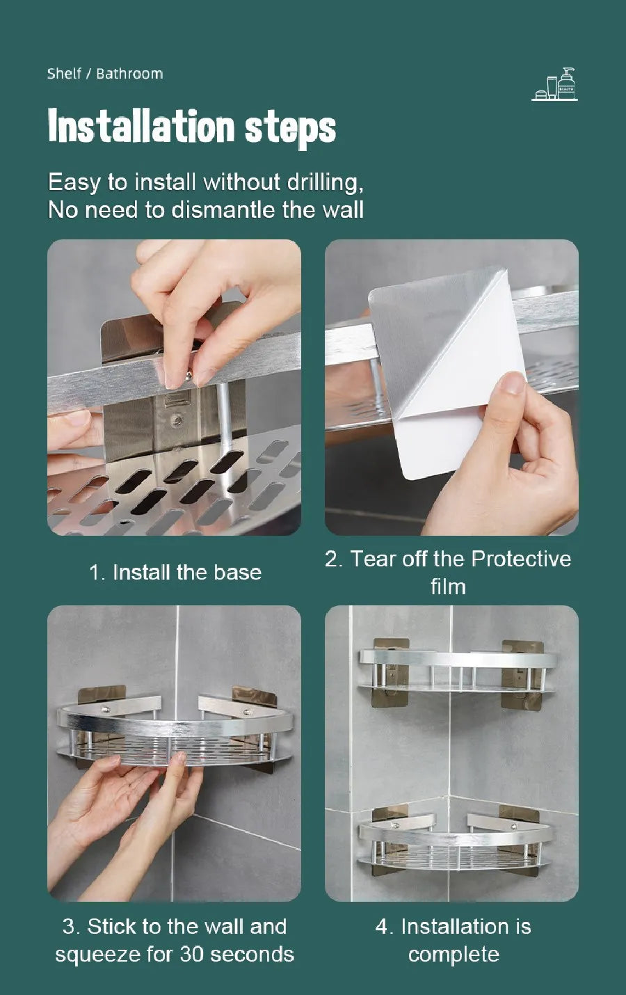 1-3PCS Bathroom Corner Shelf Nail-Free Shower Organizer Wall Mounted Space Aluminum Shelf Bathroom Accessories