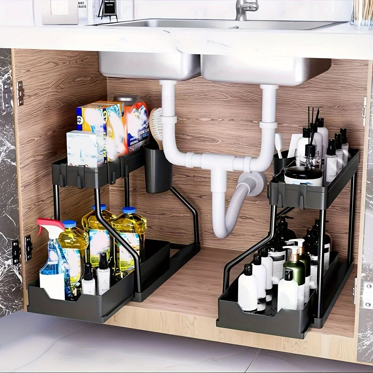 Under Sink Organizer Space Saving 2 Tier Pull Out Storage Box Durable Large Capacity Kitchen Bathroom Essential Drawer Organizer