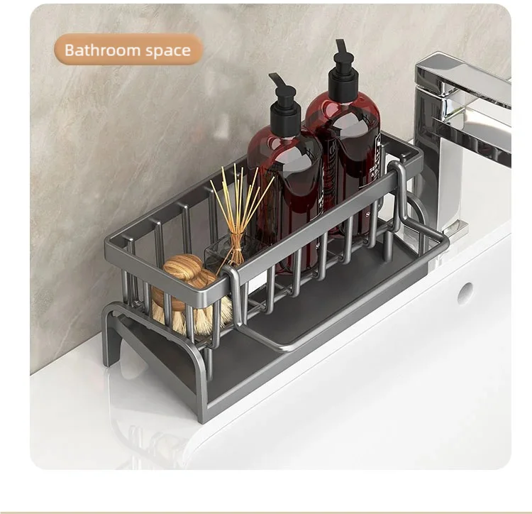 Kitchen Spice Storage Shelf with Drainage Rack, Installation Sink Organizer, Tap-Mounted Shelf for Home Kitchen Accessories