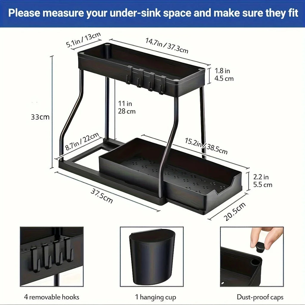 Under Sink Organizer Space Saving 2 Tier Pull Out Storage Box Durable Large Capacity Kitchen Bathroom Essential Drawer Organizer