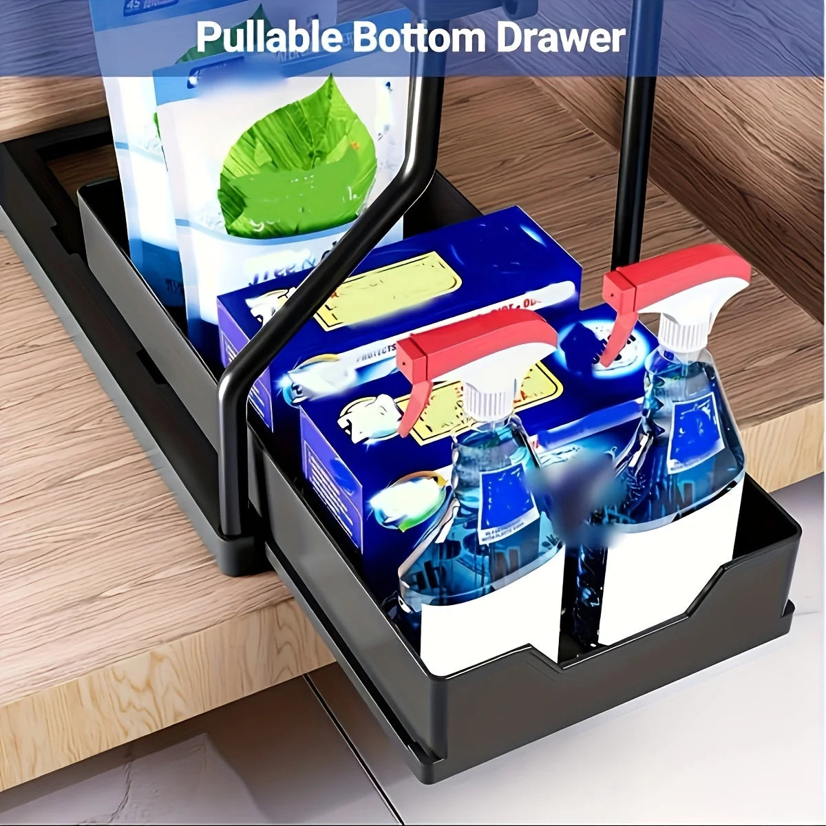 Under Sink Organizer Space Saving 2 Tier Pull Out Storage Box Durable Large Capacity Kitchen Bathroom Essential Drawer Organizer