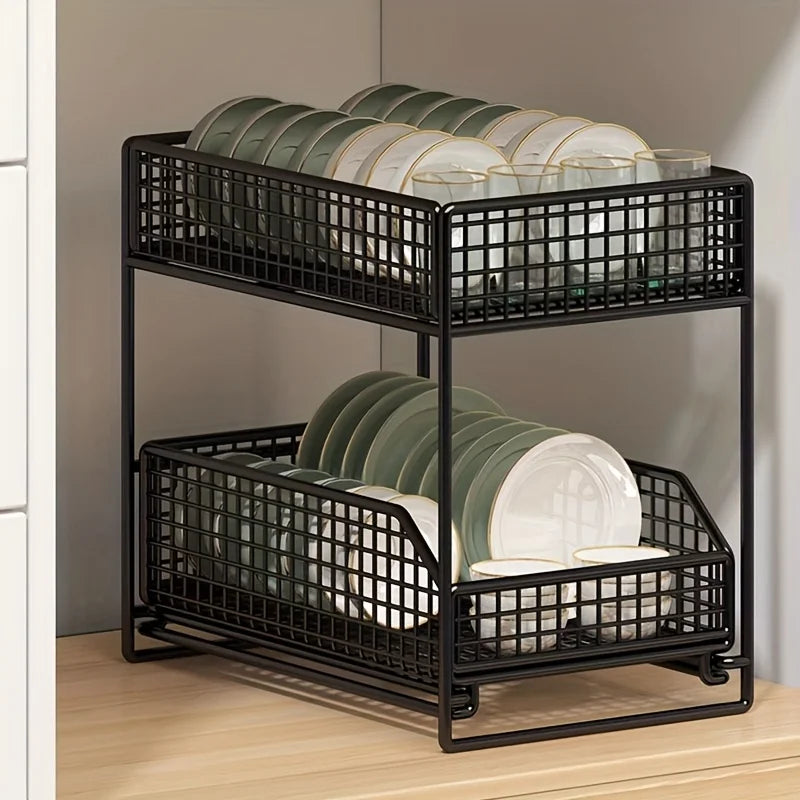 Large Undersink Rack - Metal Kitchen Organizer with Shelves for Bowls, Dishes, Condiments. Save Cabinet Space!